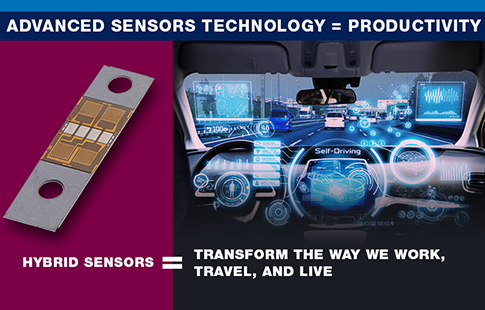 a mounted hybrid Micro-Measurements advanced sensor on the left and a futuristic car cabin on the right